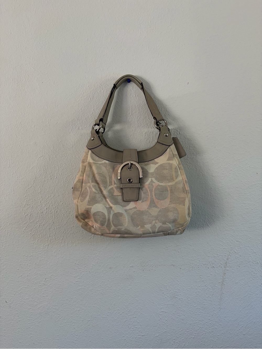 Coach Beige Signature Hobo Shoulder Bag with Taupe Trim